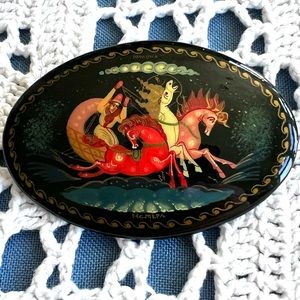 Russian Vintage with horses signed wooden lacquer brooch
